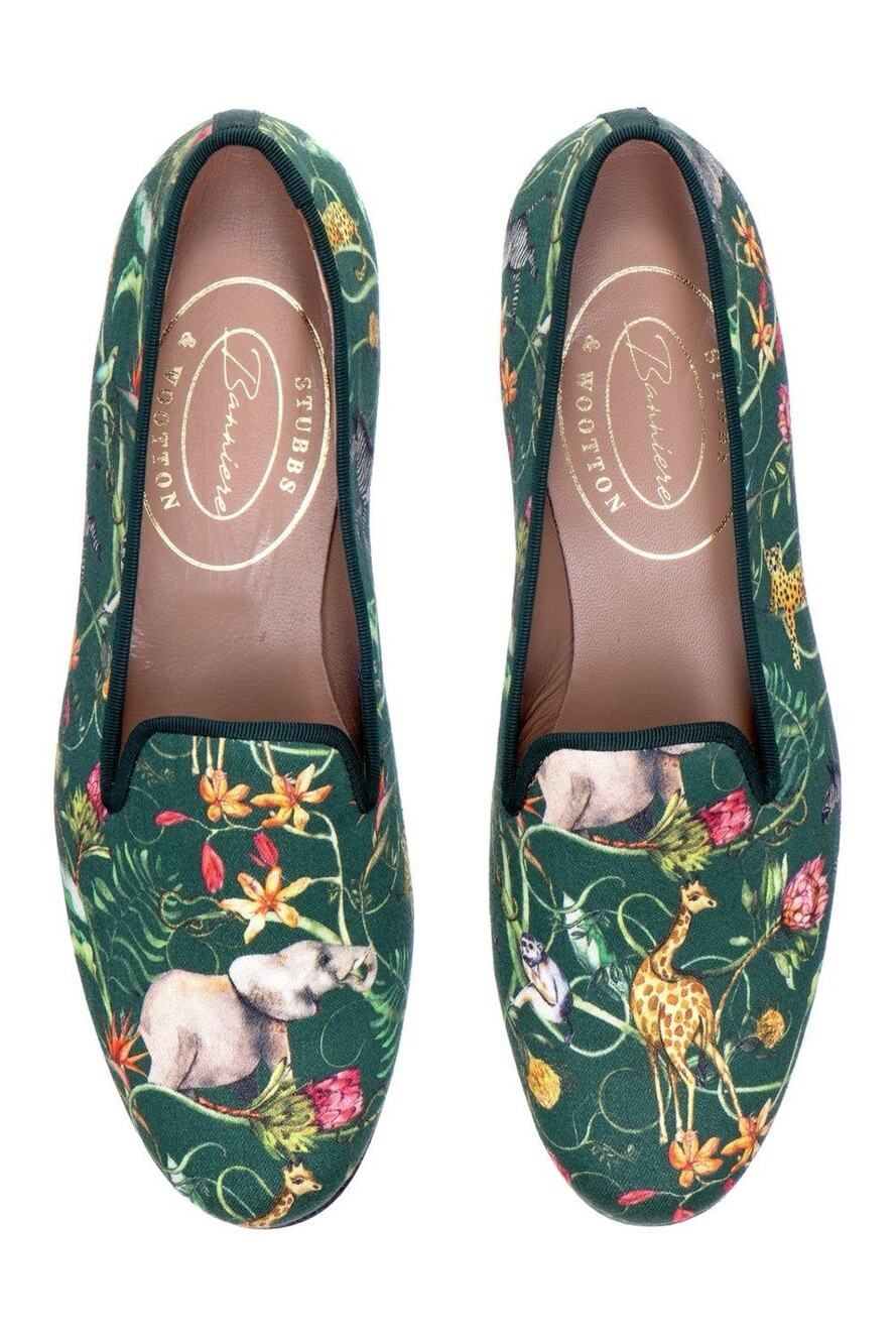 NEW Stubbs & Wootton Africa Emerald Silk Venetian Green Print Flat 10